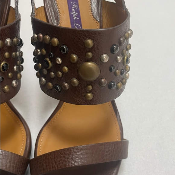 Ralph Lauren Purple Label Boho Leather Studded Open Toe Heels - Picture 3 of 8